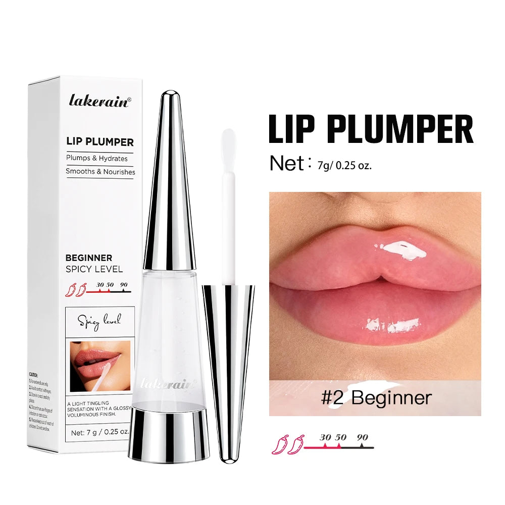Amzzonstore Lakerain Lip Plumper Gloss Oil showing shiny, volumizing lip gloss with a moisturizing finish on lips