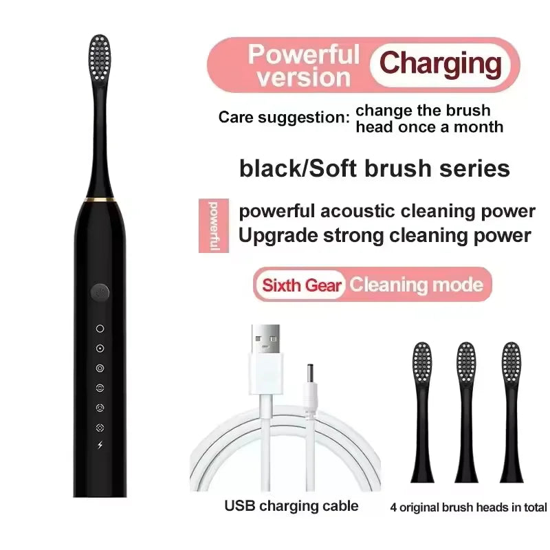 Sonic electric toothbrush for adults with DuPont brush head, waterproof IPX7, USB rechargeable, featuring 6 cleaning modes.