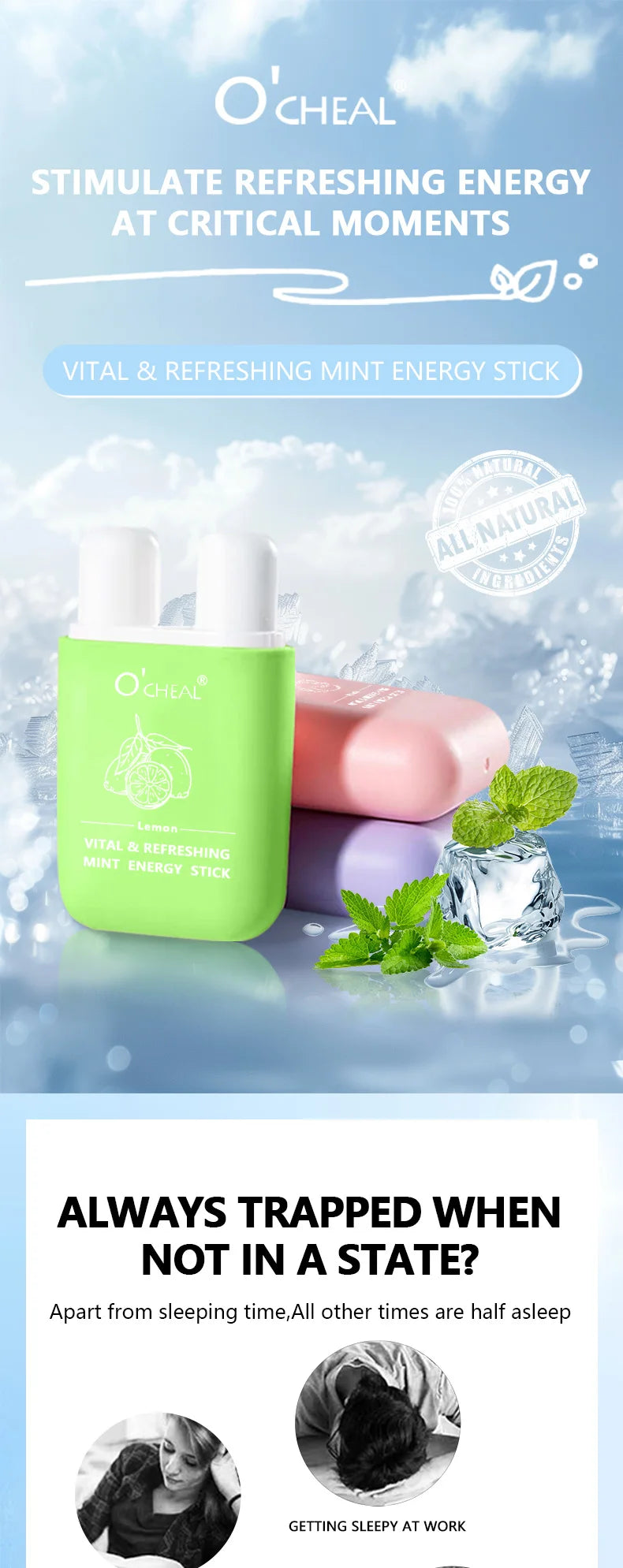 O'cheal Energy Stick by amzzonstore, energizing inhaler with fresh mint scent, relief for fatigue, portable vapor stick for quick refreshment.