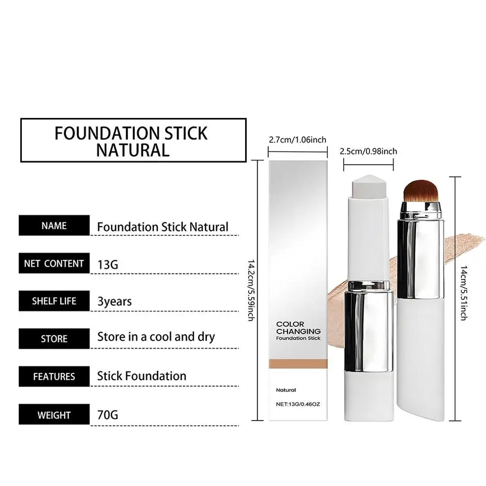 Amzzonstore 2-in-1 color-changing foundation stick with liquid, lightweight, moisturizing, and brightening formula for all skin types.