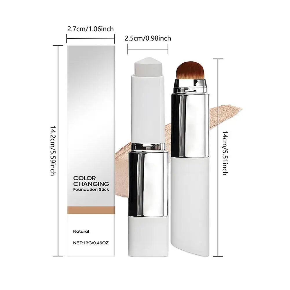 Amzzonstore 2-in-1 color-changing foundation stick with liquid, lightweight, moisturizing, and brightening formula for all skin types.