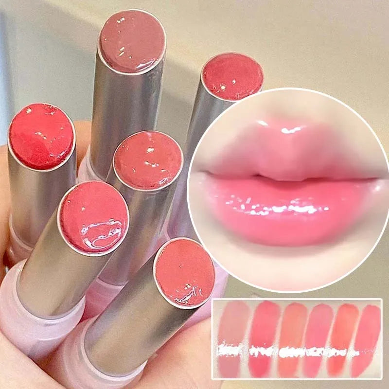 Amzzonstore mirror glass solid lip gloss in a round tube with natural nude peach tint, moisturizing and glossy jelly finish.
