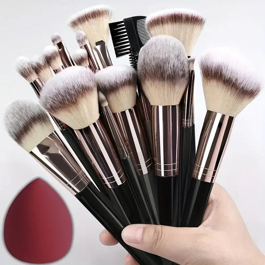 Set of 20 professional makeup brushes including eyeshadow, foundation, concealer, blush, and kabuki brushes for women’s beauty.