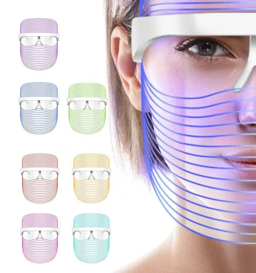 7-color LED light therapy facial mask by amzzon.store showing a black mask with colorful LED lights for skin care and anti-aging.