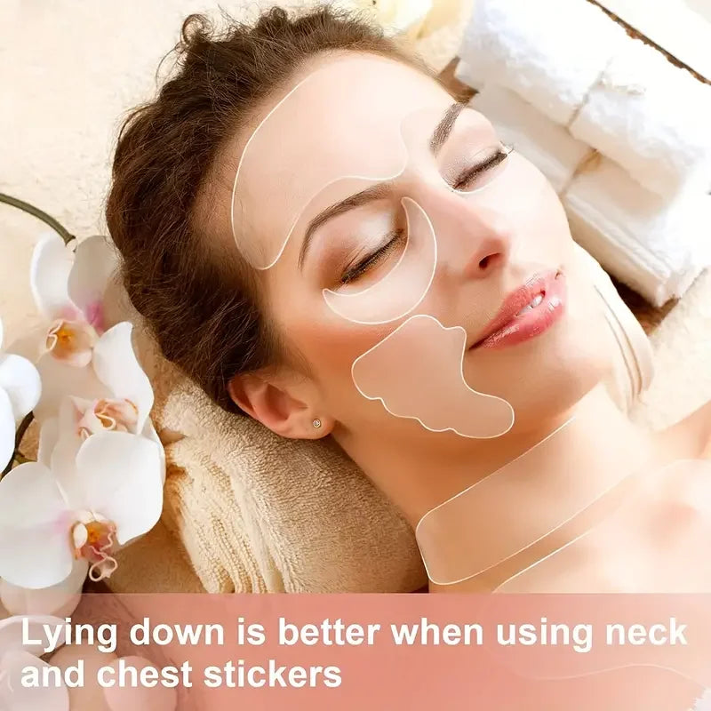 Reusable silicone anti-wrinkle pad patch for face and neck, facial skin lift and anti-aging beauty tool.