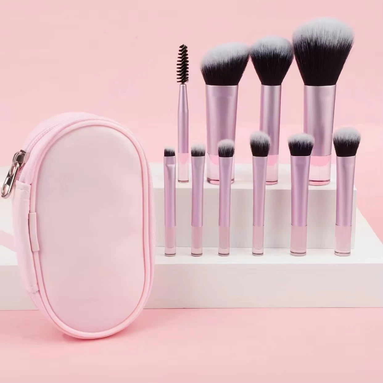 10-piece mini makeup brush set with pouch from amzzon.store, includes face and eye brushes for travel and daily makeup application