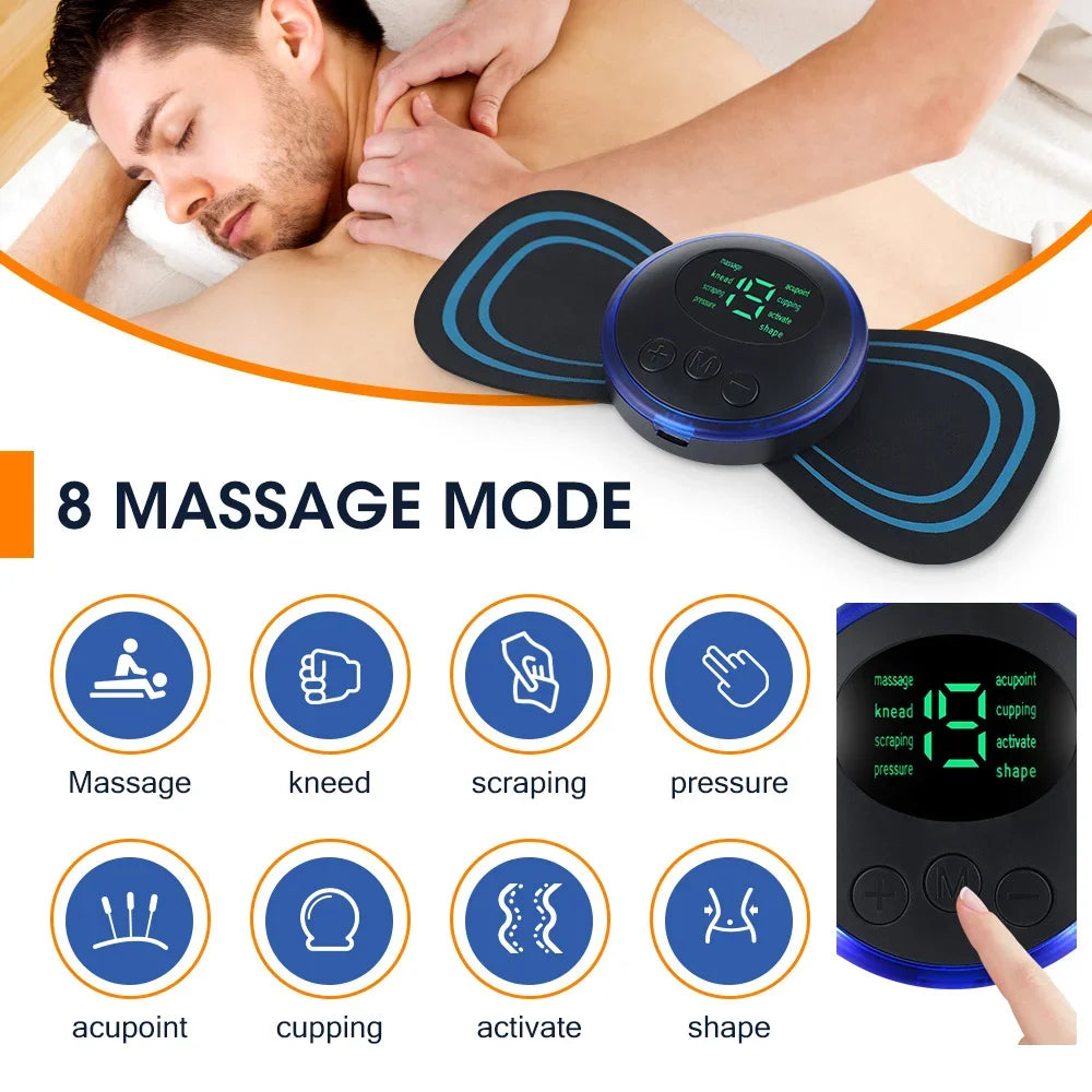 Smart EMS neck massager by amzzon.store with 8 modes, 19 intensity levels, for back, cervical, and calf pain relief.
