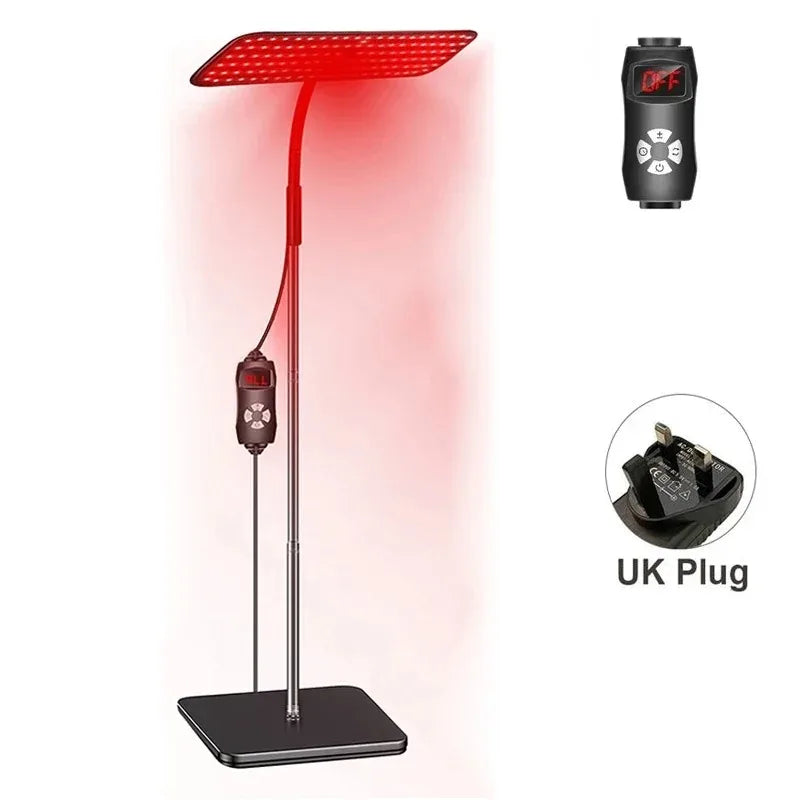 Near infrared light panel by amzzonstore showing red and infrared LEDs, adjustable stand, and timer for face and body pain relief at home