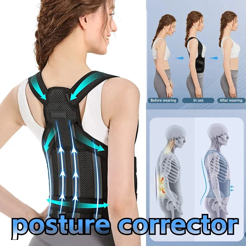 Adjustable posture corrector back brace for men and women, orthopedic spinal straps supporting upper and lower back.