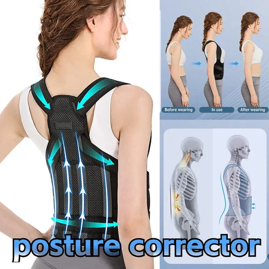 Adjustable posture corrector back brace for men and women, orthopedic spinal straps supporting upper and lower back.