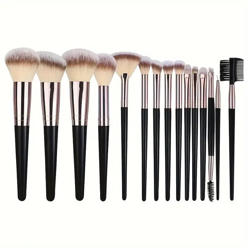 Set of 20 professional makeup brushes including eyeshadow, foundation, concealer, blush, and kabuki brushes for women’s beauty.