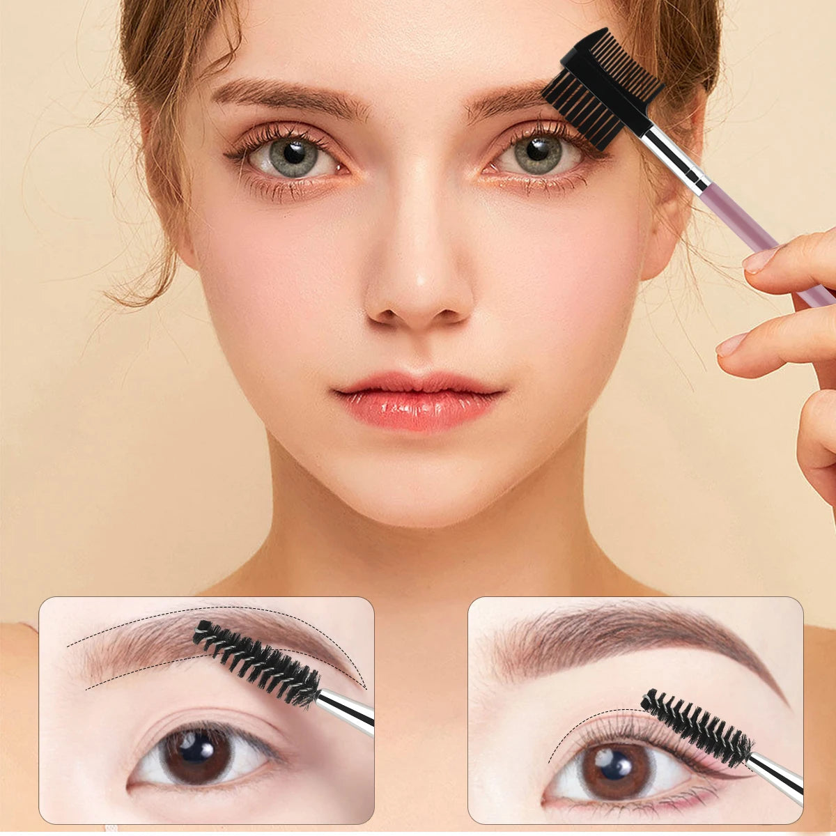 Set of 3 eyebrow and eyelash shaping brushes with double-headed design and three spoolie brushes for makeup grooming.