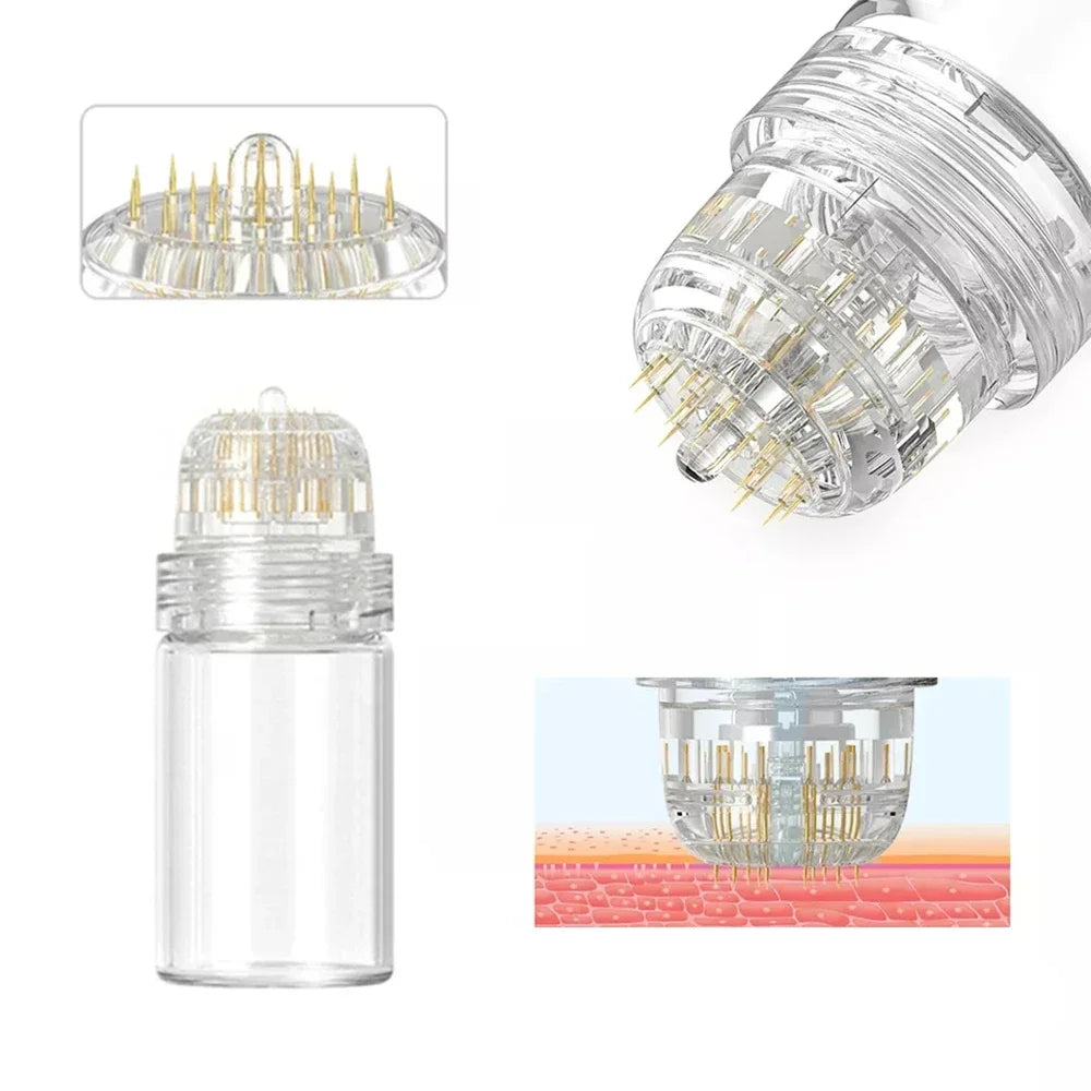 Golden titanium 20-pin microneedling stamp applicator by amzzonstore for skin care and micro-needling therapy.