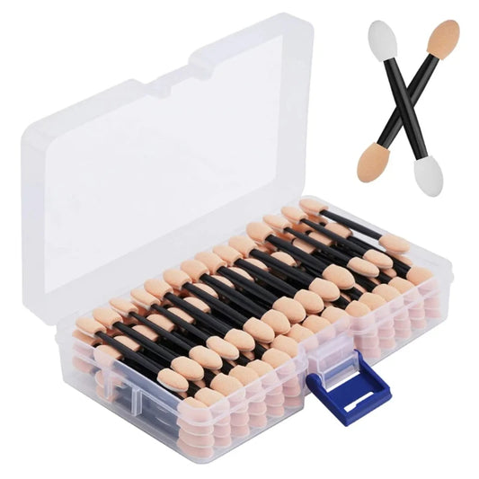 Set of 50/100 disposable dual-sided eyeshadow sponge applicators with storage container, ideal for precise makeup application.
