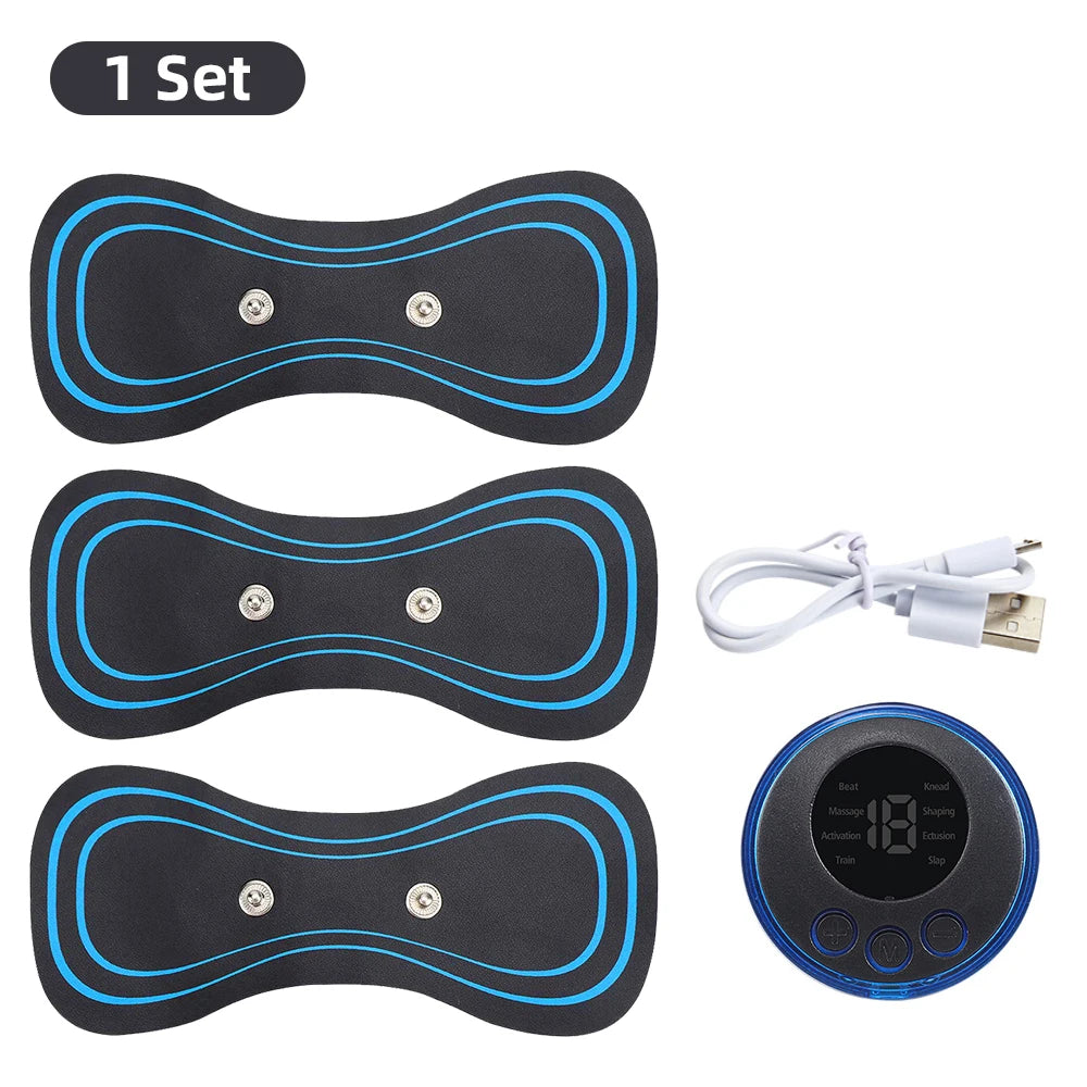 amzzon.store Smart EMS Neck Massager with 8 modes and 19 intensity levels for back, neck, and calf pain relief.