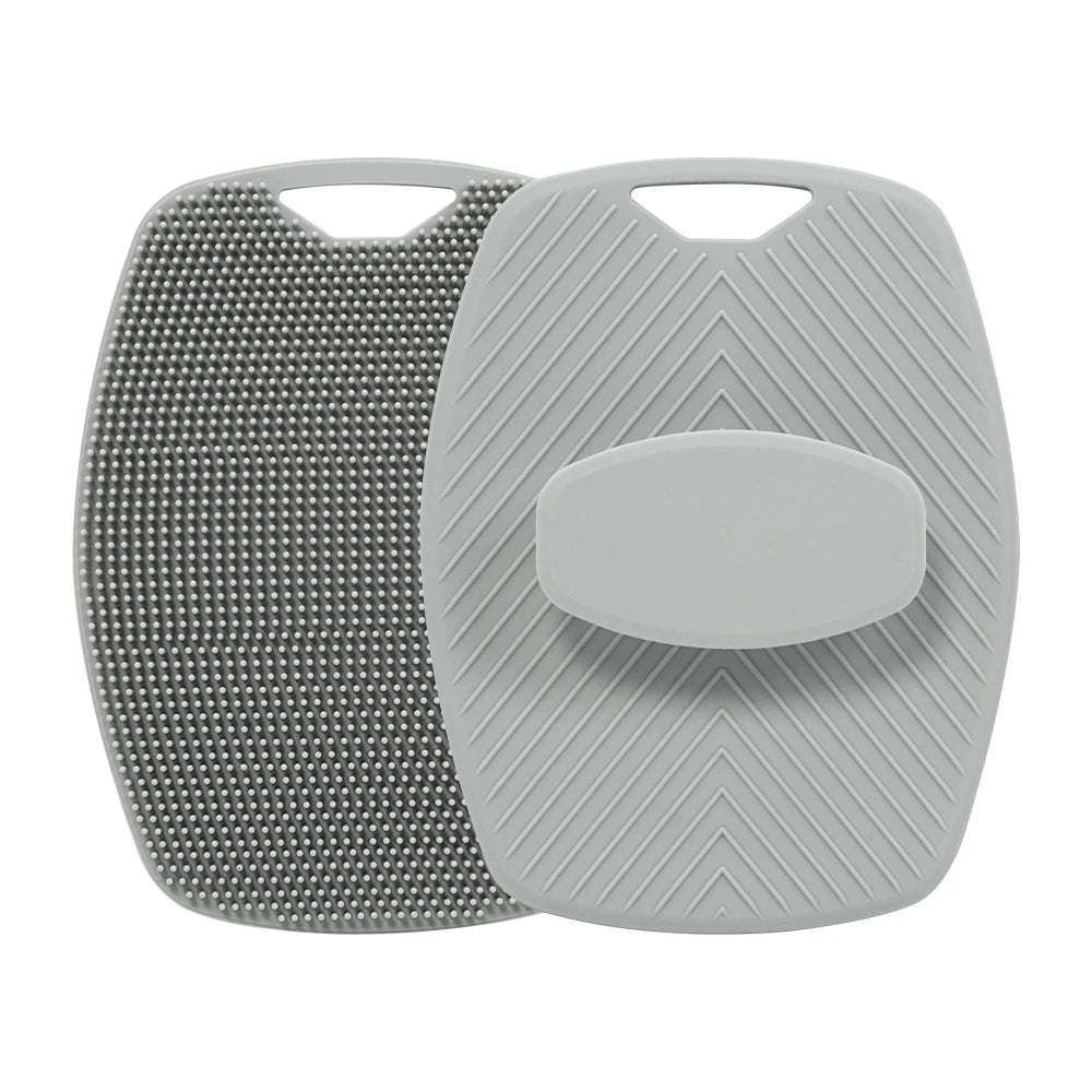 Exfoliating silicone body scrubber with no-slip handle, designed for cleansing and massaging skin during bath or shower.
