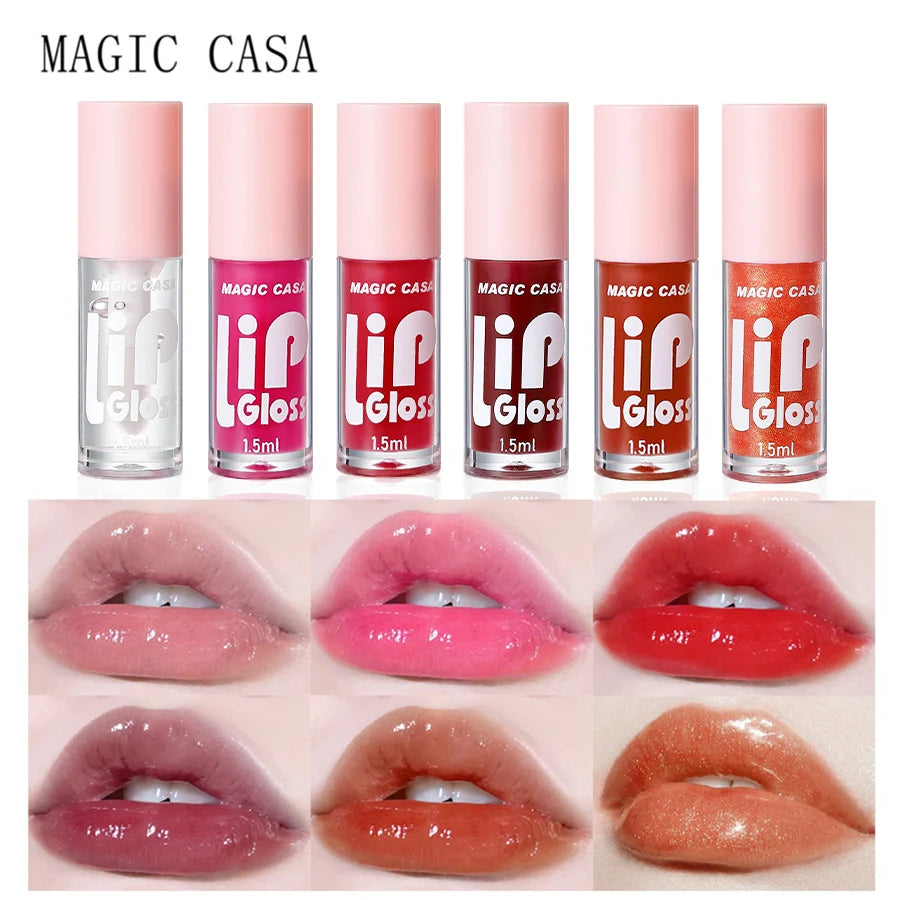 MAGIC CASA 6-piece hydrating lip oil set with shimmering gloss, long-lasting moisturizing lip glosses, in a vibrant beauty kit.
