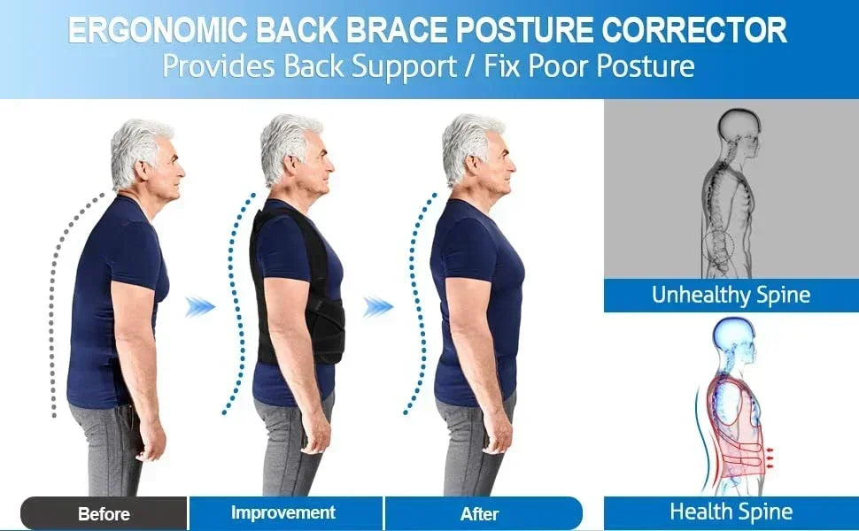 Adjustable orthopedic posture corrector back brace for men and women, providing support and spinal alignment.