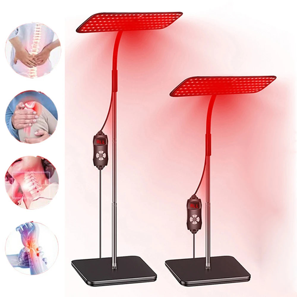 Near infrared light panel with adjustable stand, red light lamp for face and body pain relief, 660nm and 850nm wavelengths.