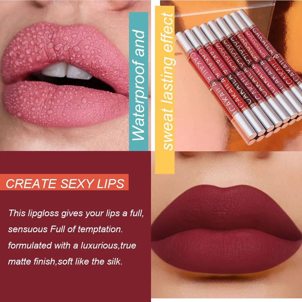 Set of 10 waterproof matte liquid lipsticks and lip oils in nude, red, and pink shades with long-lasting velvet finish.