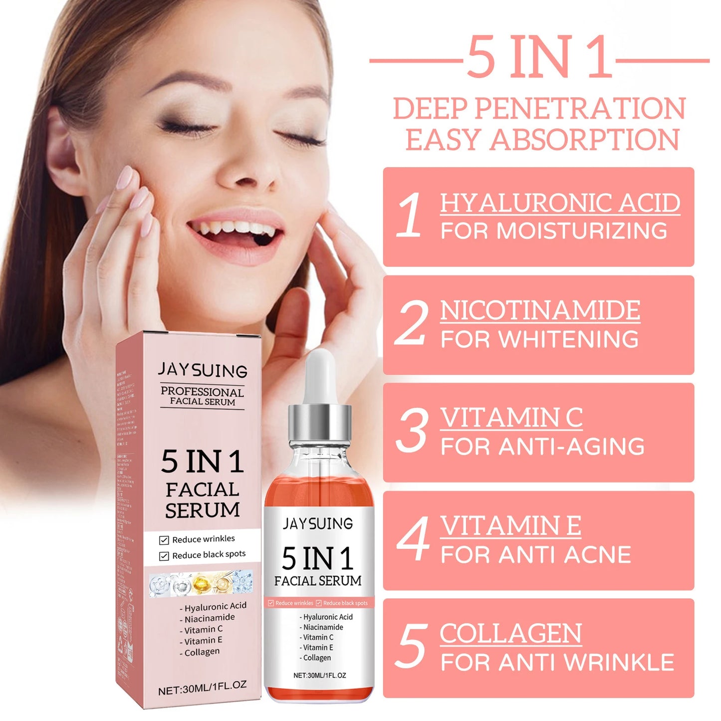 Jaysuing 5-in-1 face serum bottle with dropper, showcasing anti-aging, firming, and hydrating skincare benefits.