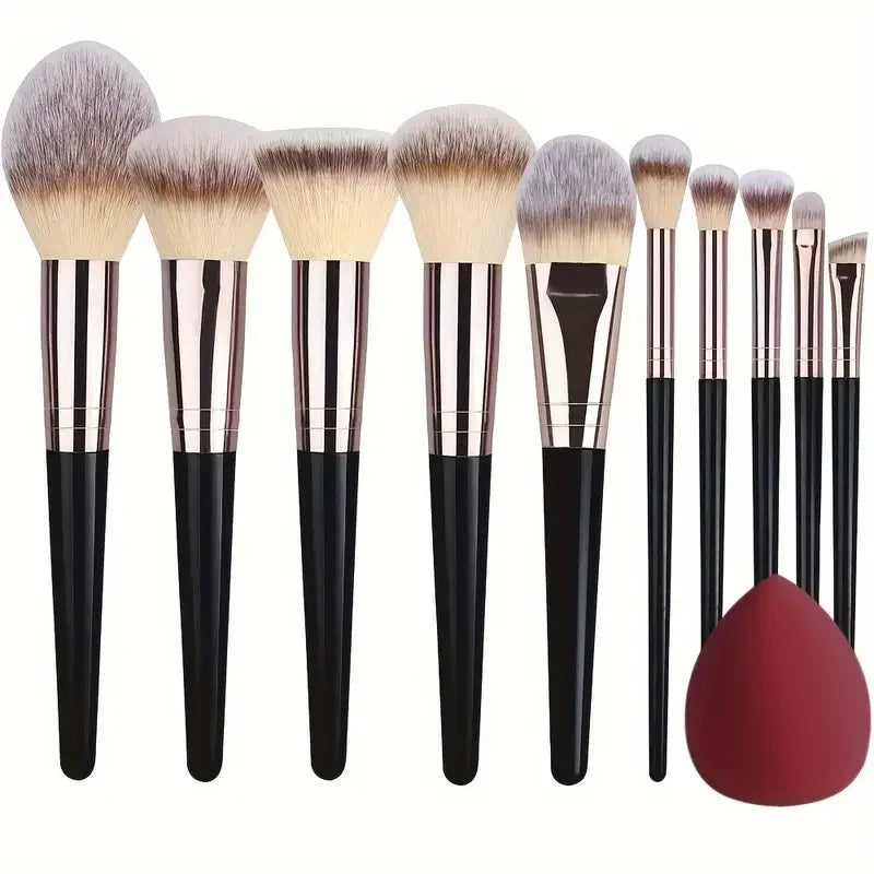 Set of 20 professional makeup brushes including eyeshadow, foundation, concealer, blush, and kabuki brushes with soft, fluffy bristles.
