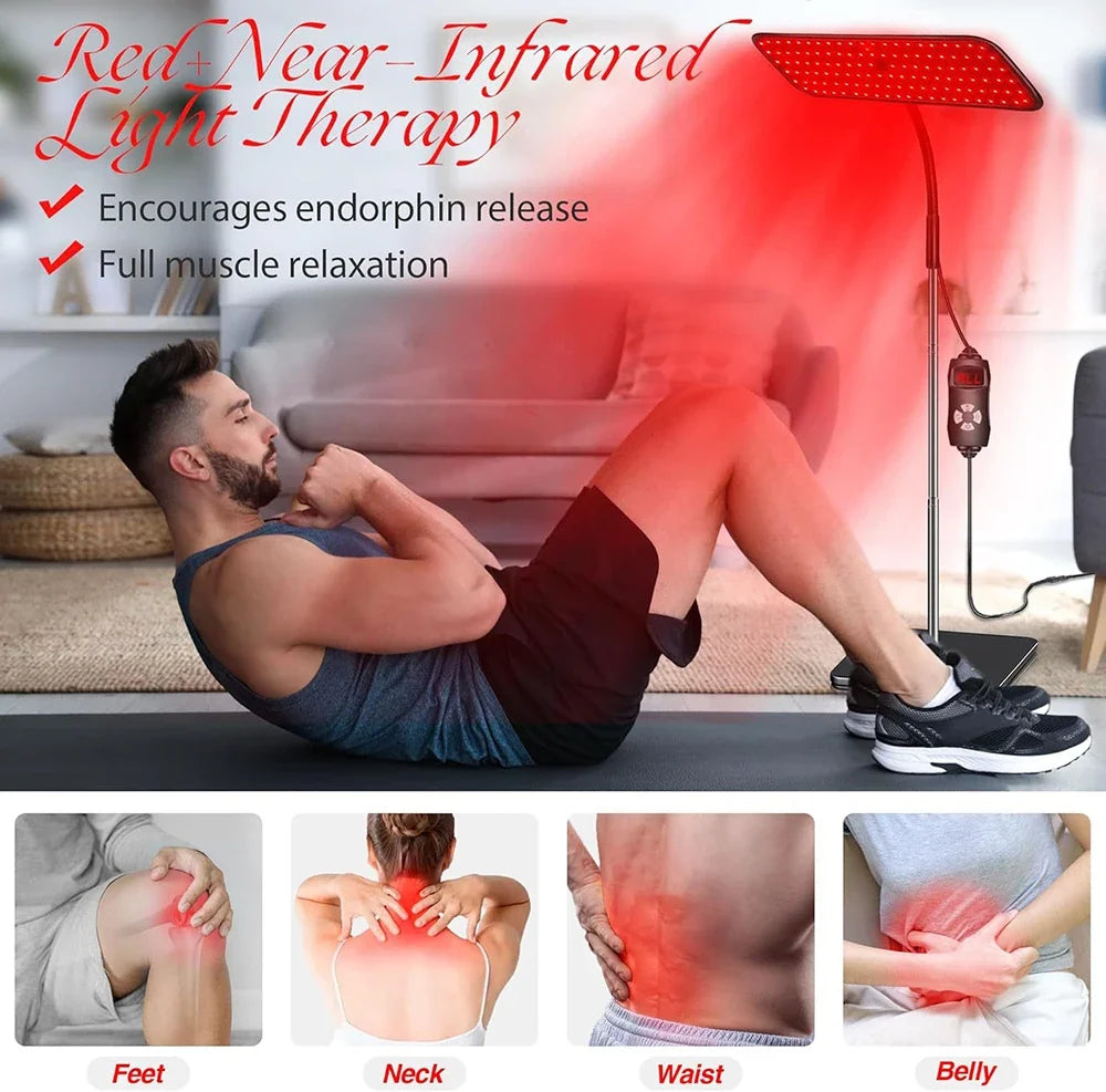 Near infrared light panel by amzzonstore showing 660nm and 850nm wavelengths, with adjustable stand for face and body pain relief.