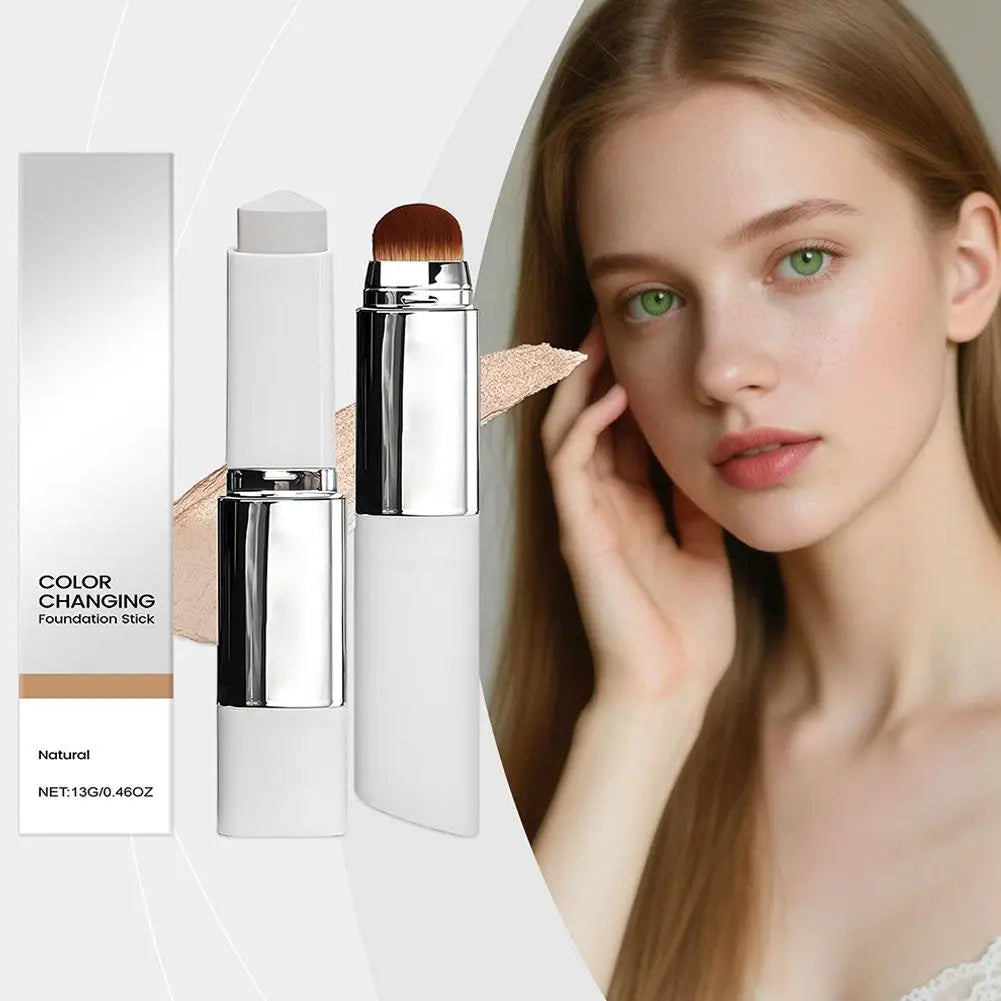 Amzzonstore 2-in-1 color-changing foundation stick with liquid, lightweight, moisturizing, and brightening formula for all skin types.