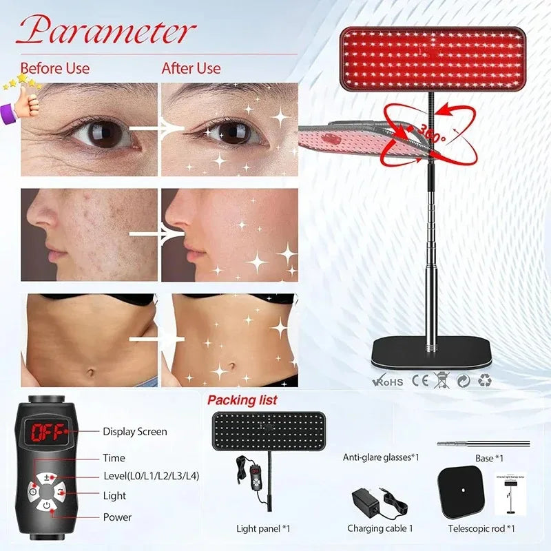 Near infrared light panel by amzzonstore, 660nm and 850nm red light therapy device with adjustable stand for face and body pain relief.