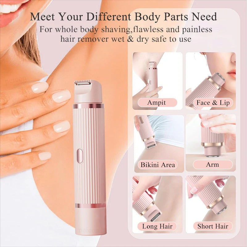 Pink and purple waterproof electric razor for women, bikini trimmer and face shaver for underarms, legs, and body hair removal.