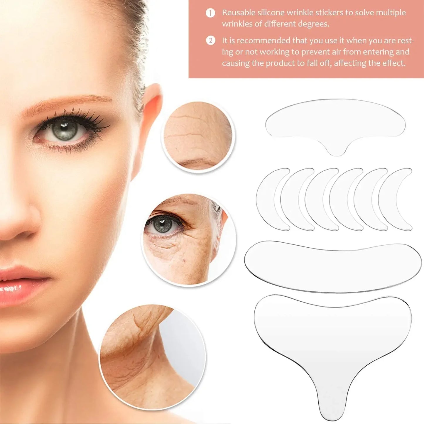 Reusable silicone anti-wrinkle face and neck patch for skin lifting and anti-aging, designed to reduce wrinkles and enhance facial beauty.