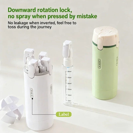 Travel 4-in-1 emulsion dispenser bottle by amzzonstore, minimalist toiletry container with labeled sections for skincare products.