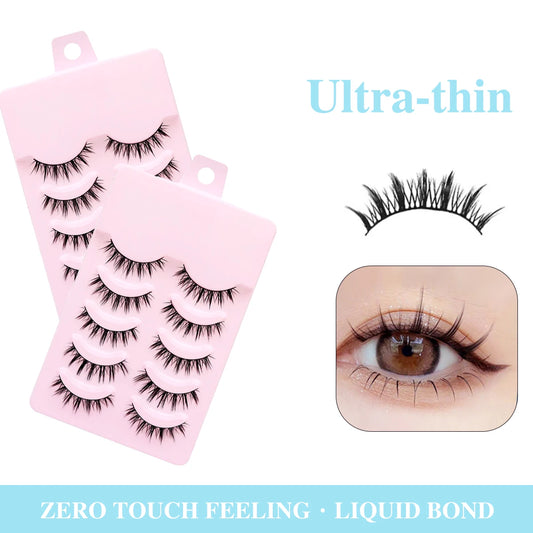 Sosweet Soft Natural Manga Lashes by amzzon.store, 5 pairs of wispy anime strip eyelashes for Korean doll makeup look.