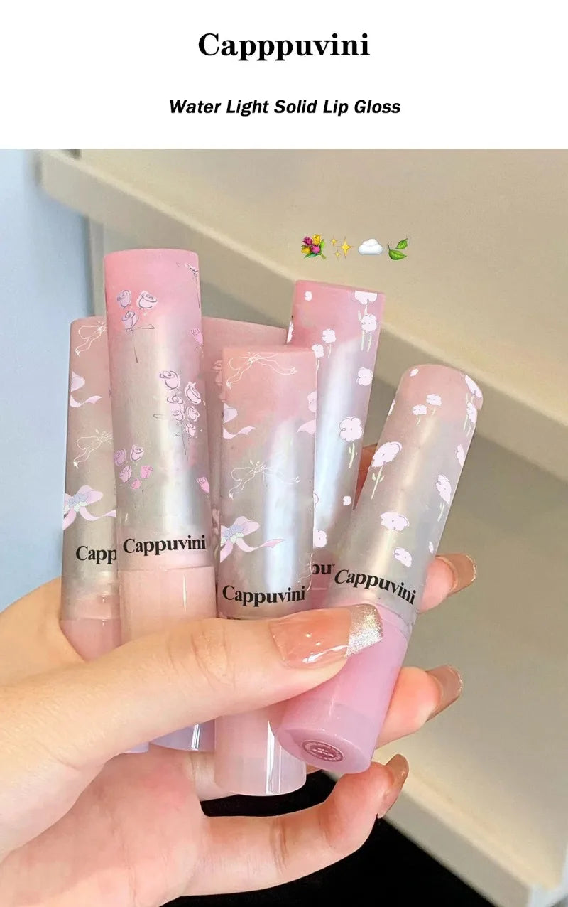 Amzzonstore water light round tube lip gloss with natural nude peach tint and moisturizing jelly finish, showcasing shiny, smooth lips.
