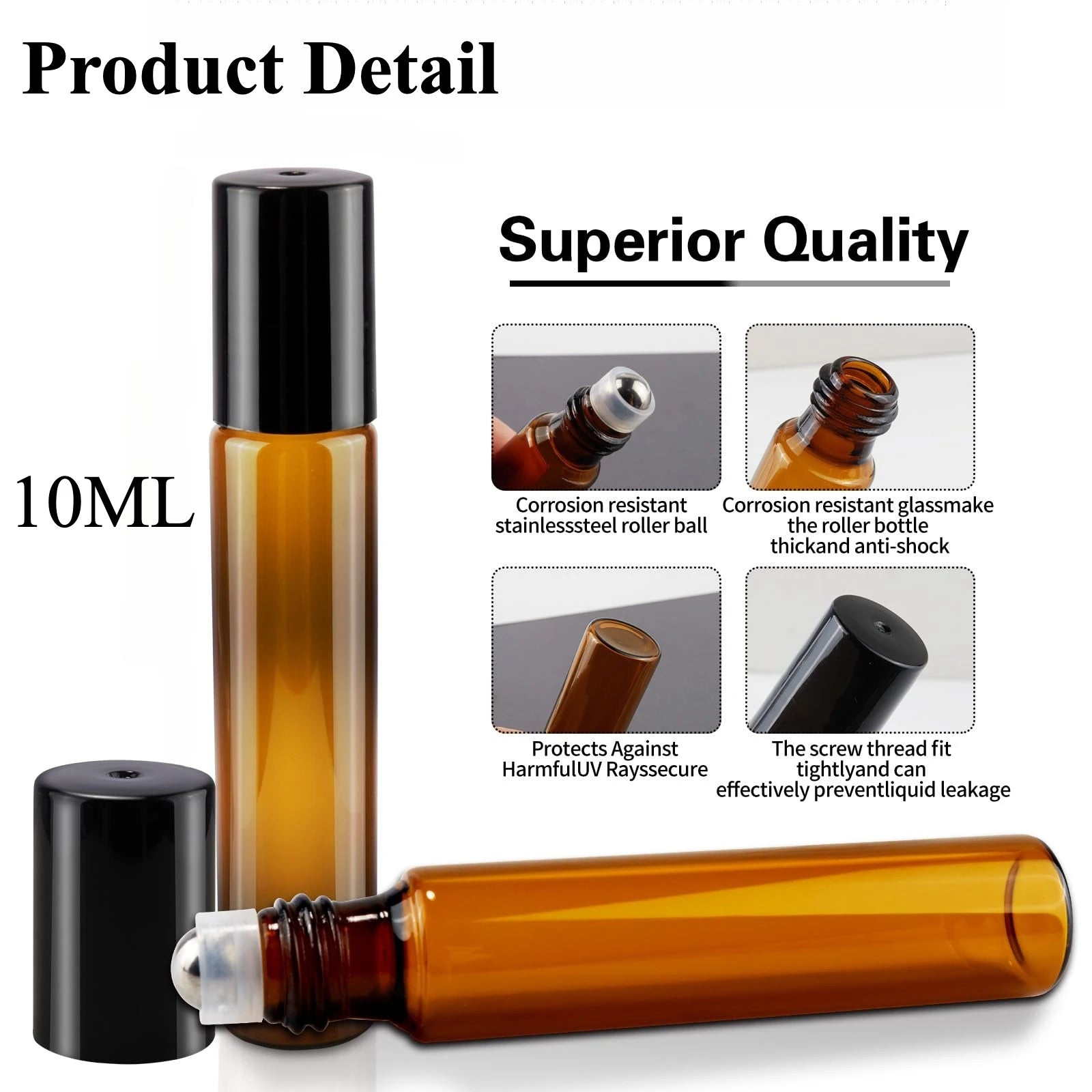 Clear 10ml glass roll-on bottles with stainless steel balls for essential oils, perfumes, and travel use.