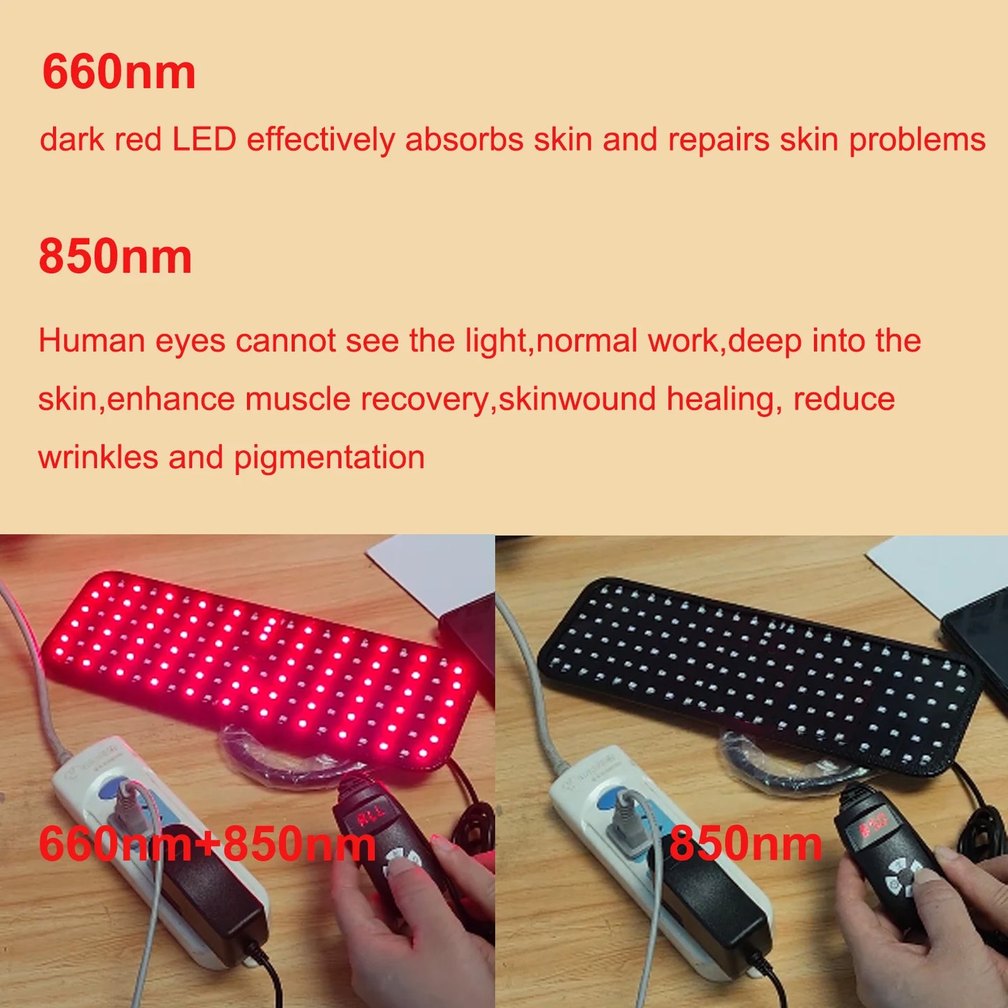 Near infrared light panel by amzzonstore with adjustable stand, red light lamp for face and body pain relief, includes timer.