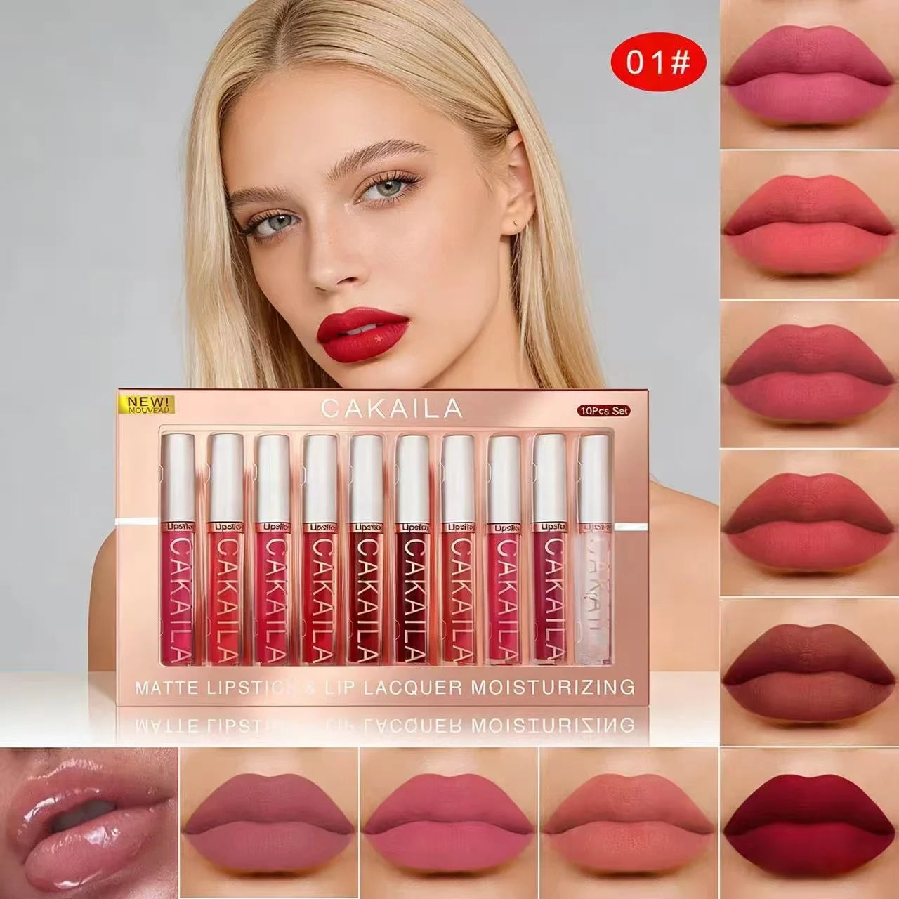 Set of 10 waterproof matte liquid lipsticks and lip oils in nude, red, and pink shades, featuring long-lasting velvet lip glosses.
