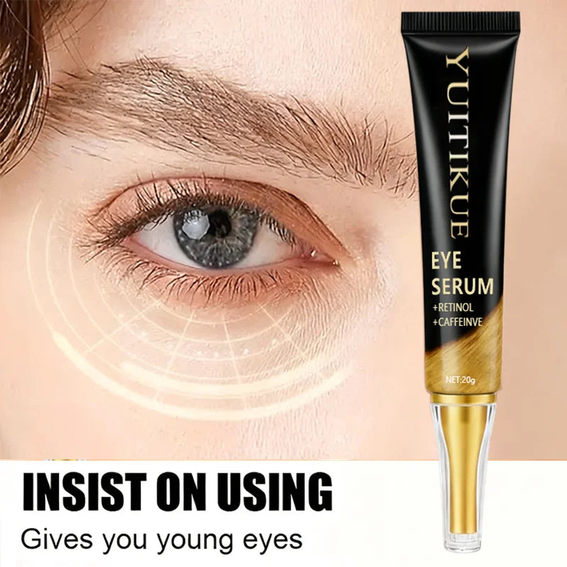 YUITIKUE caffeine eye cream in 20g jar with retinol and collagen for anti-puffiness, firming, and lifting around the eyes.