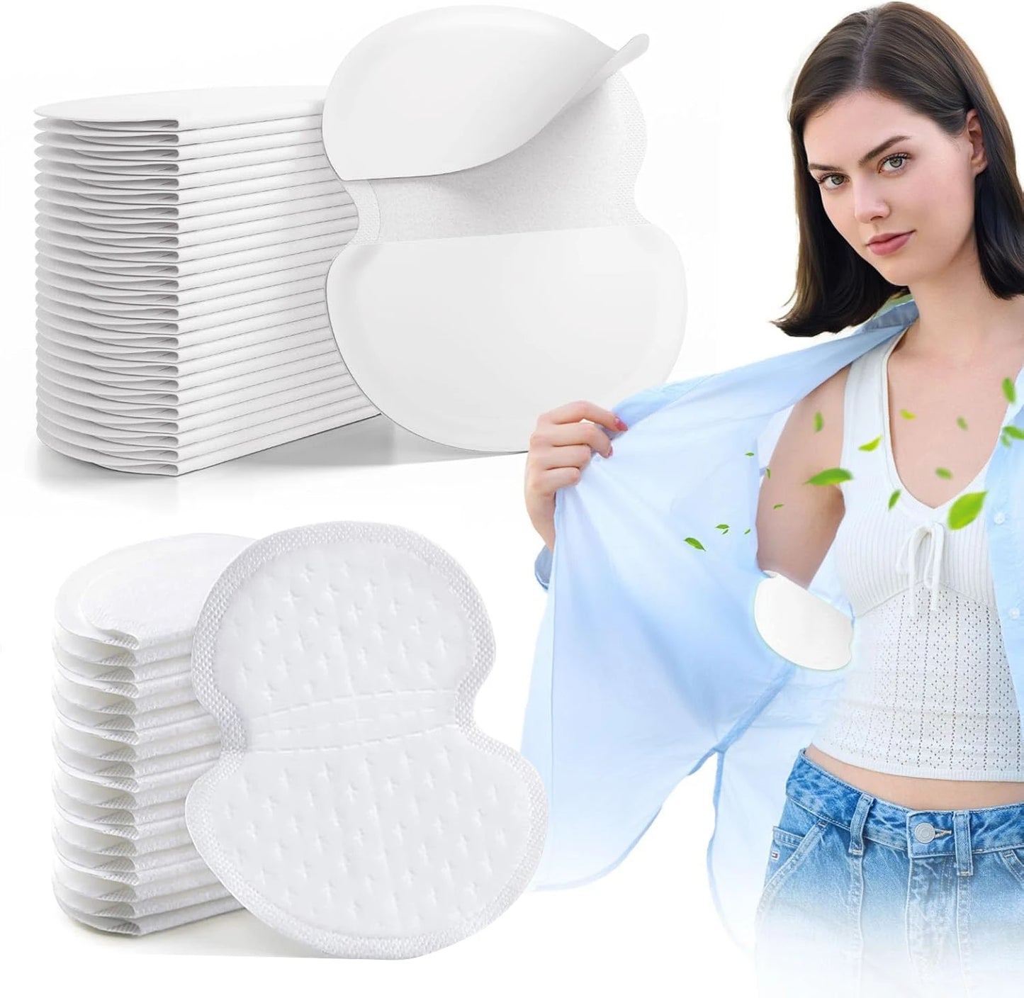 Disposable underarm sweat pads by amzzon.store, absorbent shields for odor and hyperhidrosis, shown in a pack of various quantities.