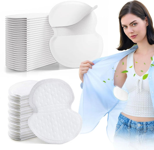 Disposable underarm sweat pads by amzzon.store, absorbent shields for odor and hyperhidrosis, shown in a pack of various quantities.