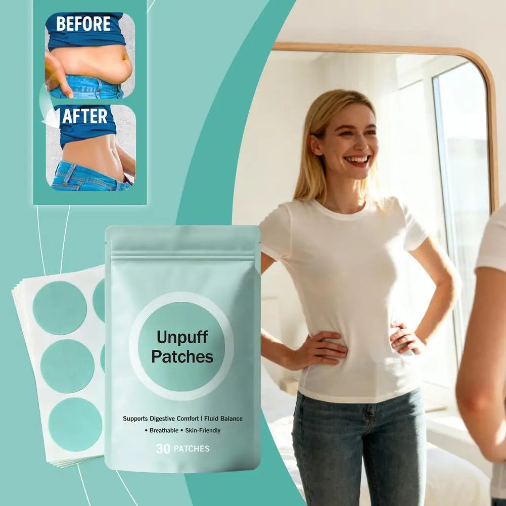 Unpuff Weight Management Patches by amzzon.store, 30 natural appetite suppressant and digestive comfort slimming stickers on a white background.