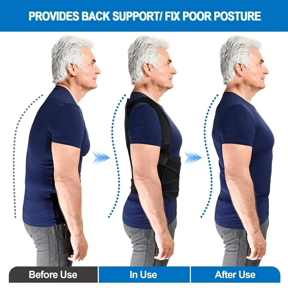 Adjustable posture corrector back brace for men and women, orthopedic straps supporting upper spine and improving posture comfort