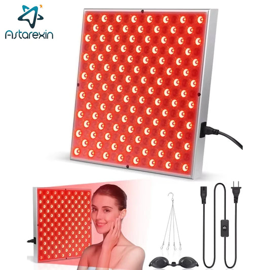 Amzzonstore LED red light therapy panel with 225 LEDs for facial skin care, anti-aging, pain relief, and physical therapy.