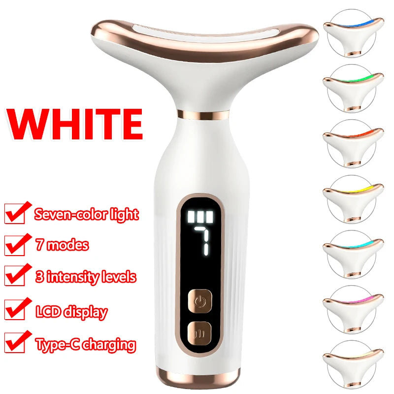 Amzzon.store 7-color LED light therapy face and neck massager with sonic vibration for skin tightening and anti-wrinkle skincare.