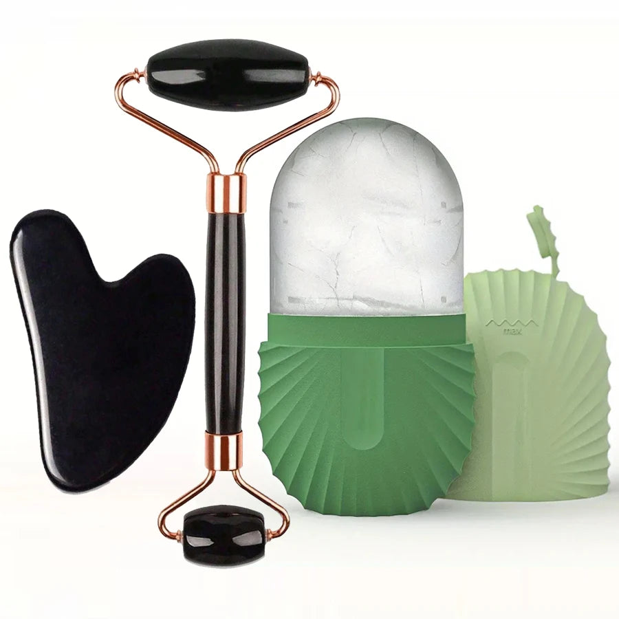 Set of 1-3 ice face rollers and GuaSha facial tools for skincare, lifting, and contouring, featuring smooth massage rollers.