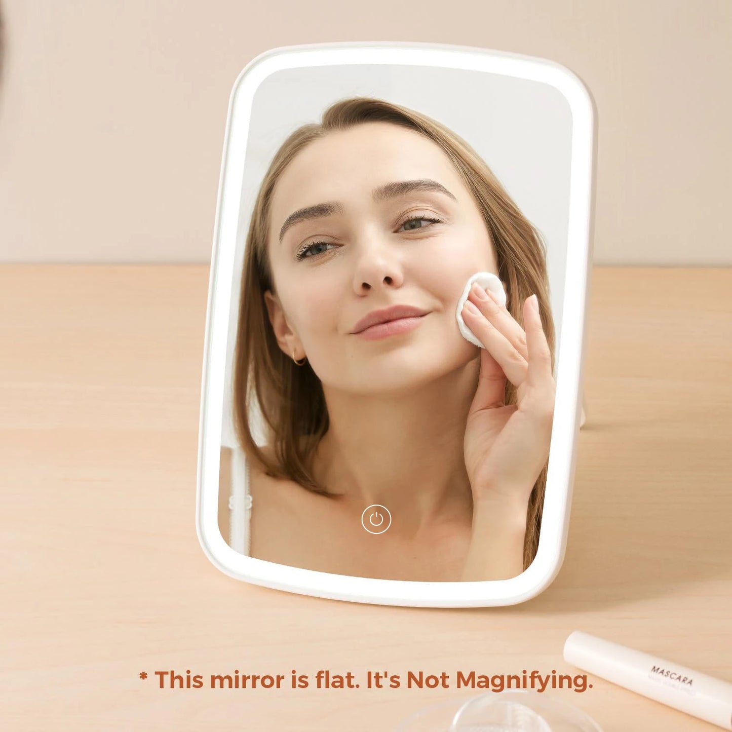 Compact LED makeup mirror with stand, folding square design, portable lighted vanity mirror with touch screen for travel and desktop use.