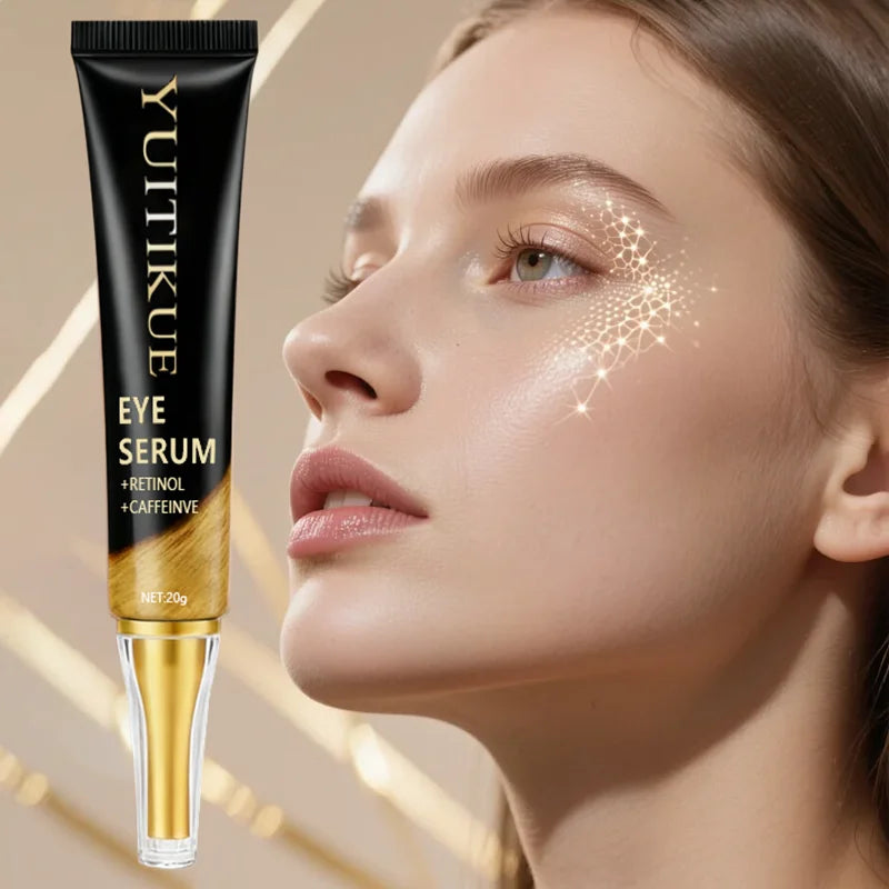 YUITIKUE caffeine eye cream in 20g jar, featuring retinol and collagen for anti-puffiness, firming, and lifting around the eyes.