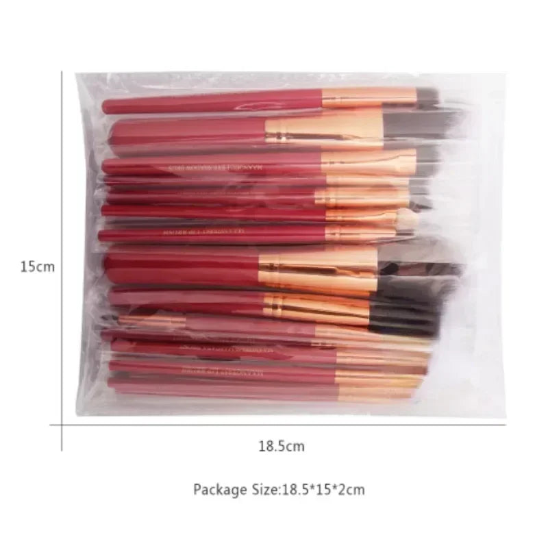 Set of professional makeup brushes with synthetic hair in a compact travel bag, available in 3, 13, or 22-piece options.