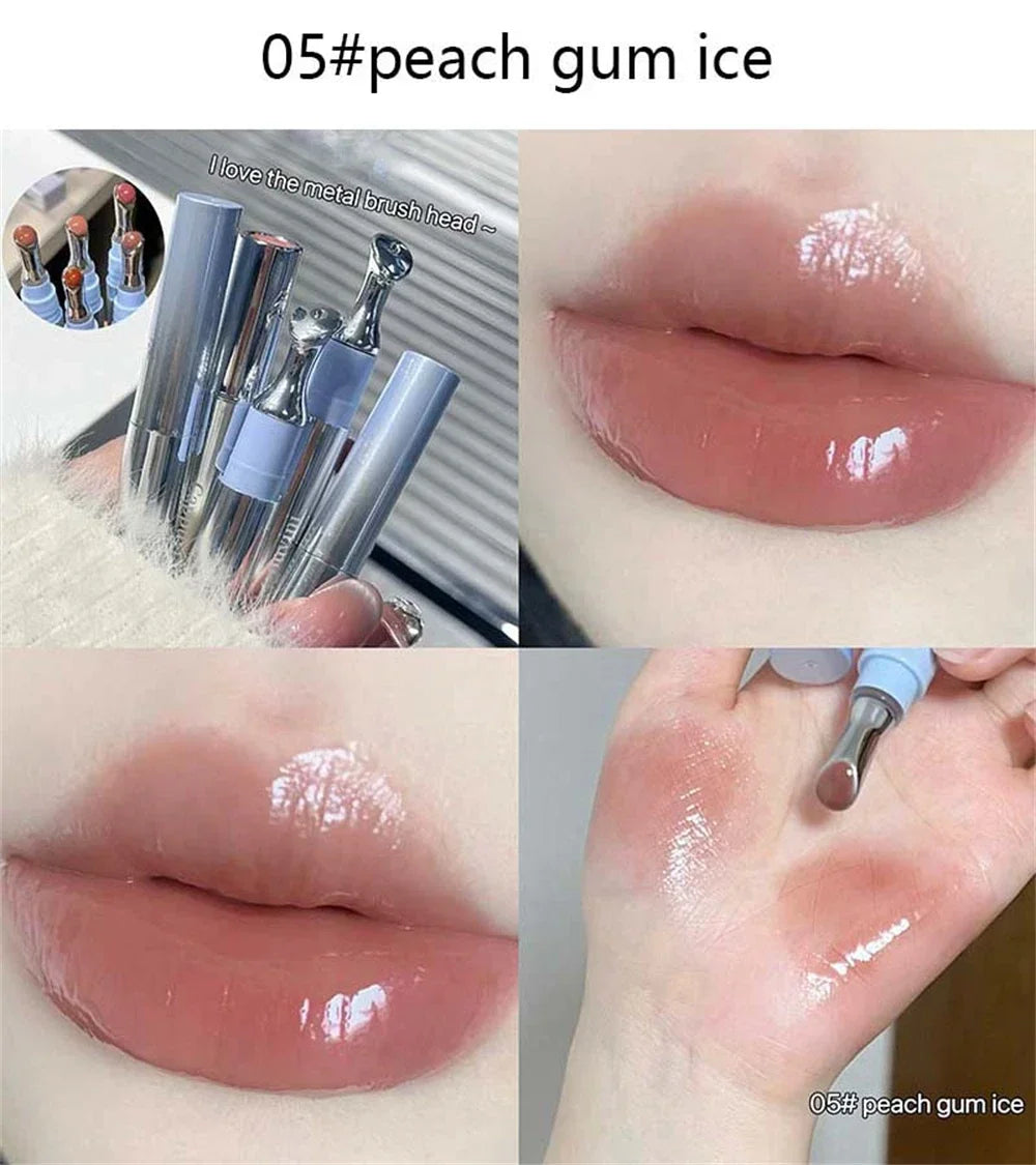 Amzzonstore Metal Head Ice Diamond Essence Lip Tint with mirror, glass applicator, moisturizing and plumping lip gloss for smooth lips.