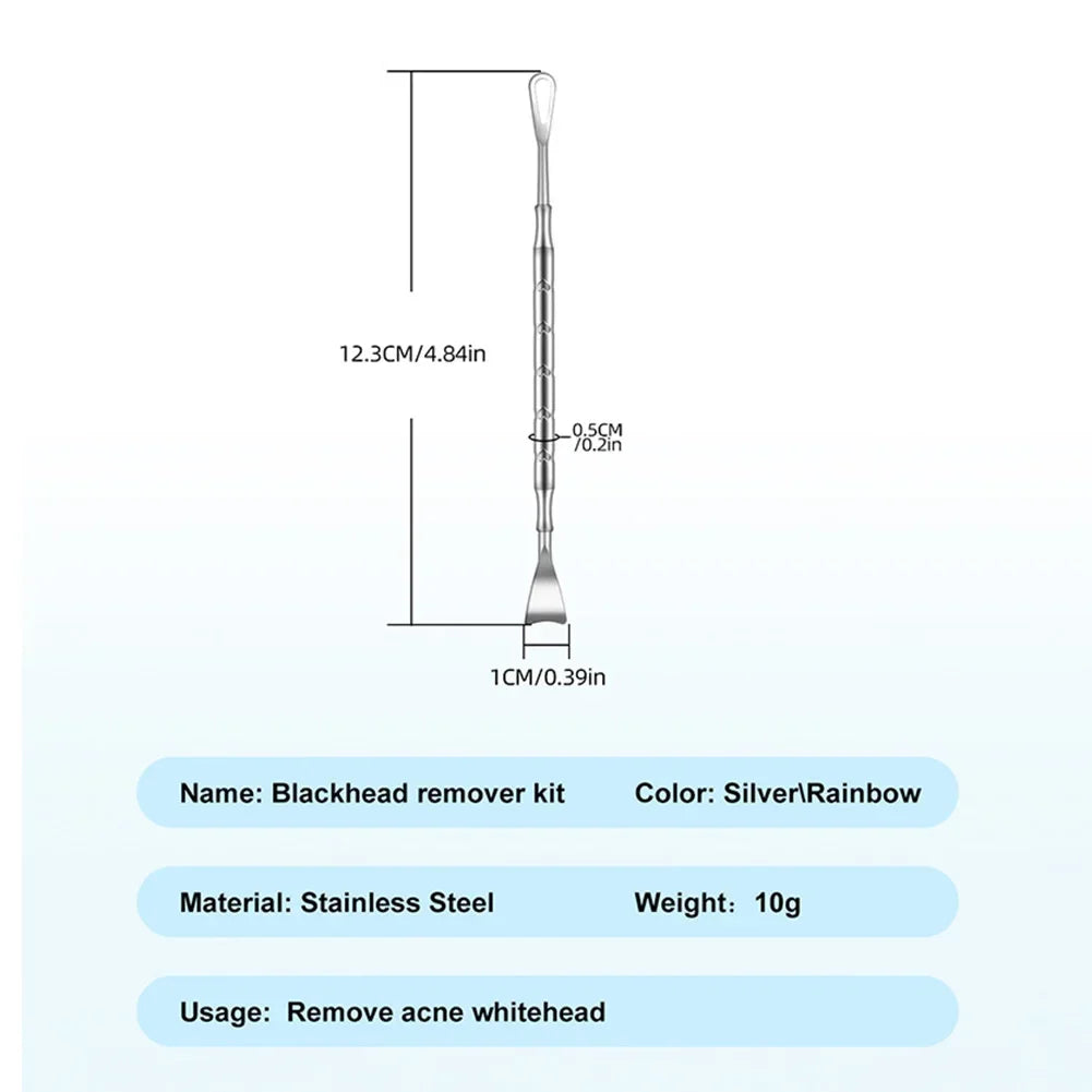Double head stainless steel blackhead remover tool with black and silver finishes for facial blemish and pimple extraction.